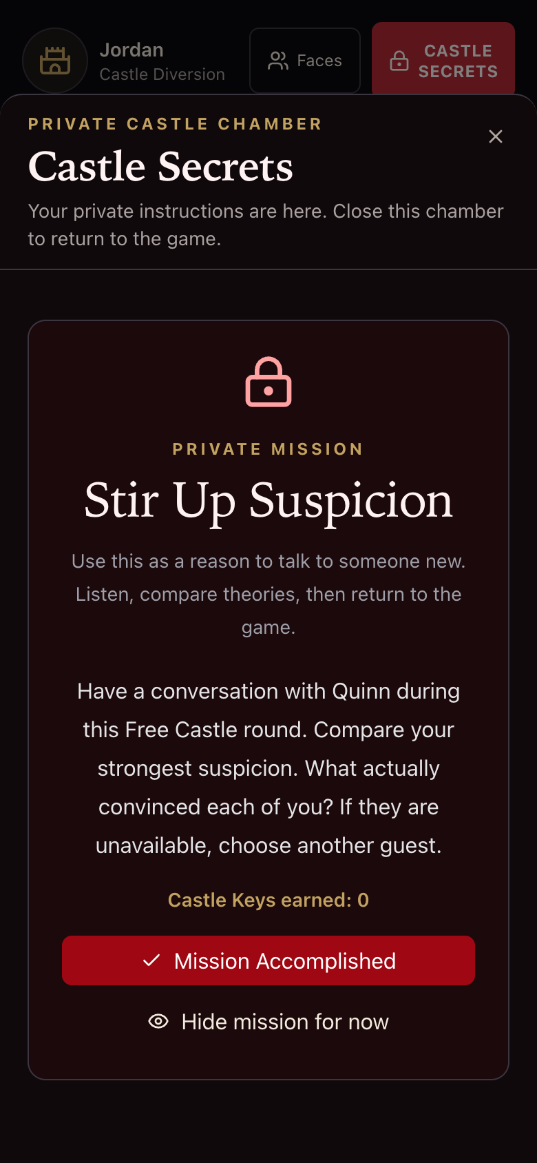 Private mission assigning a demonstration player a conversation with Quinn