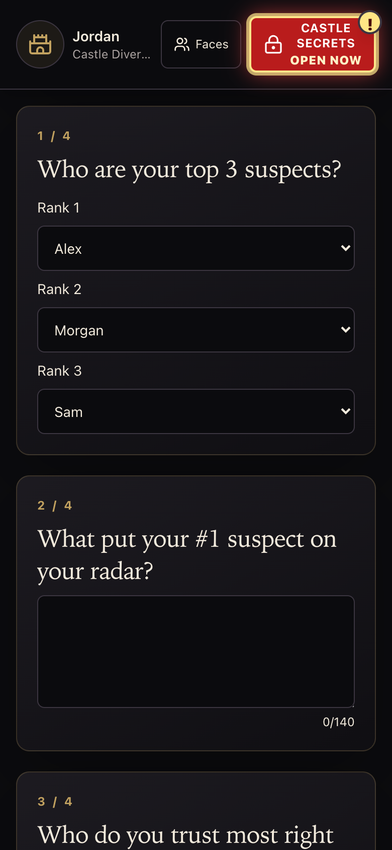 Castle Pulse asks a demonstration player to rank their top three suspects