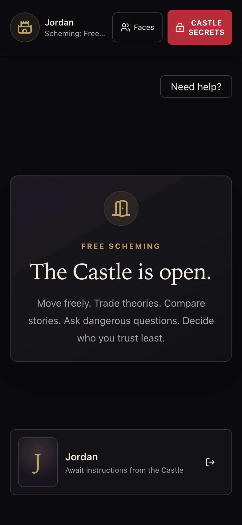 Free scheming screen inviting players to trade theories and compare stories