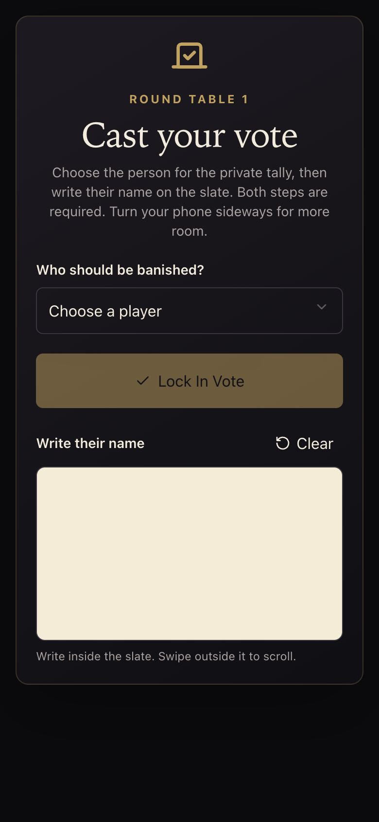 Round table voting screen with a player selector and a handwritten slate